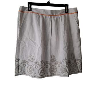 Tahari Ivory w Gray Embroidery & Orange Trim Linen Full Mini Skirt - Size 16